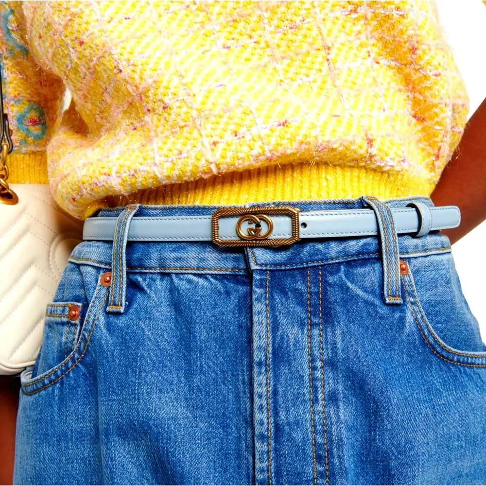 GUCCI Women's Thin Belt w/ Interlocking G Buckle Light Blue Leather SZ 90cm NEW